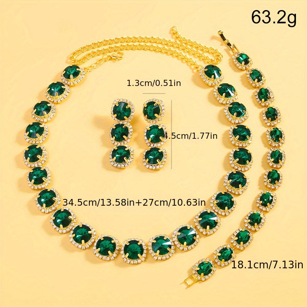 Emerald Rhinestone Necklace Earrings Bracelet Set High-End Bridal Jewelry Set Accessories MyFave Boutique