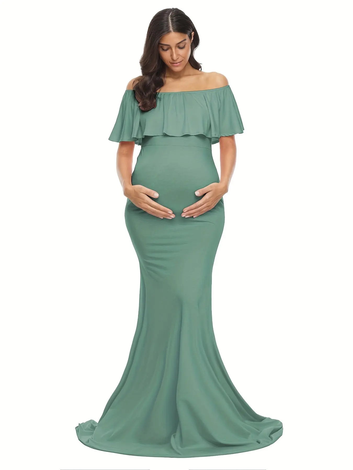 Womens Off Shoulder Maternity Dress Ruffles Elegant Slim Gowns Fit Maxi Photography Dress MyFave Boutique