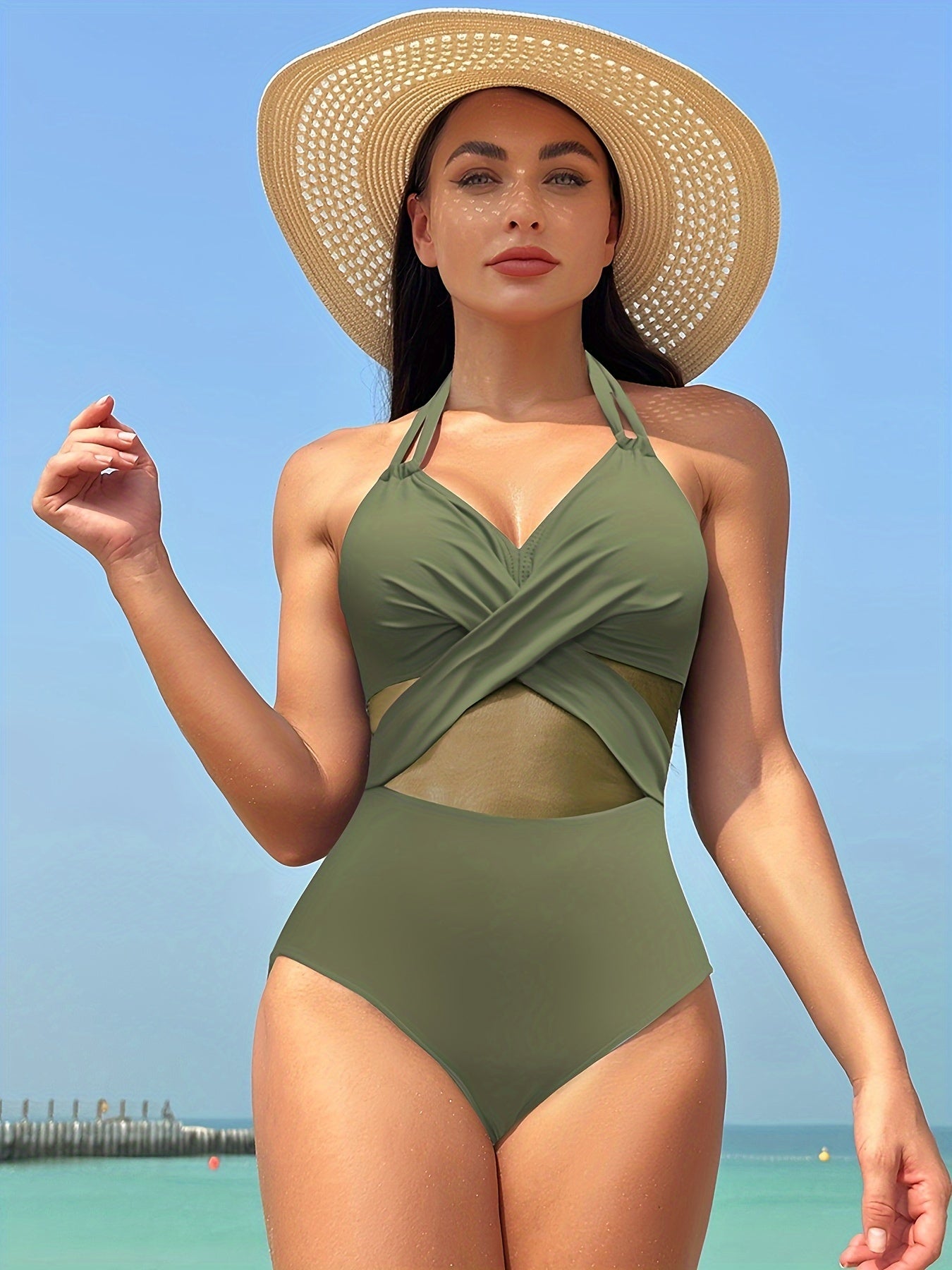 Solid Color Mesh Contrast Halter Crisscross Tie Neck Backless One-piece Swimsuit, Bathing Suits, Women's Swimwear & Clothing MyFave Boutique