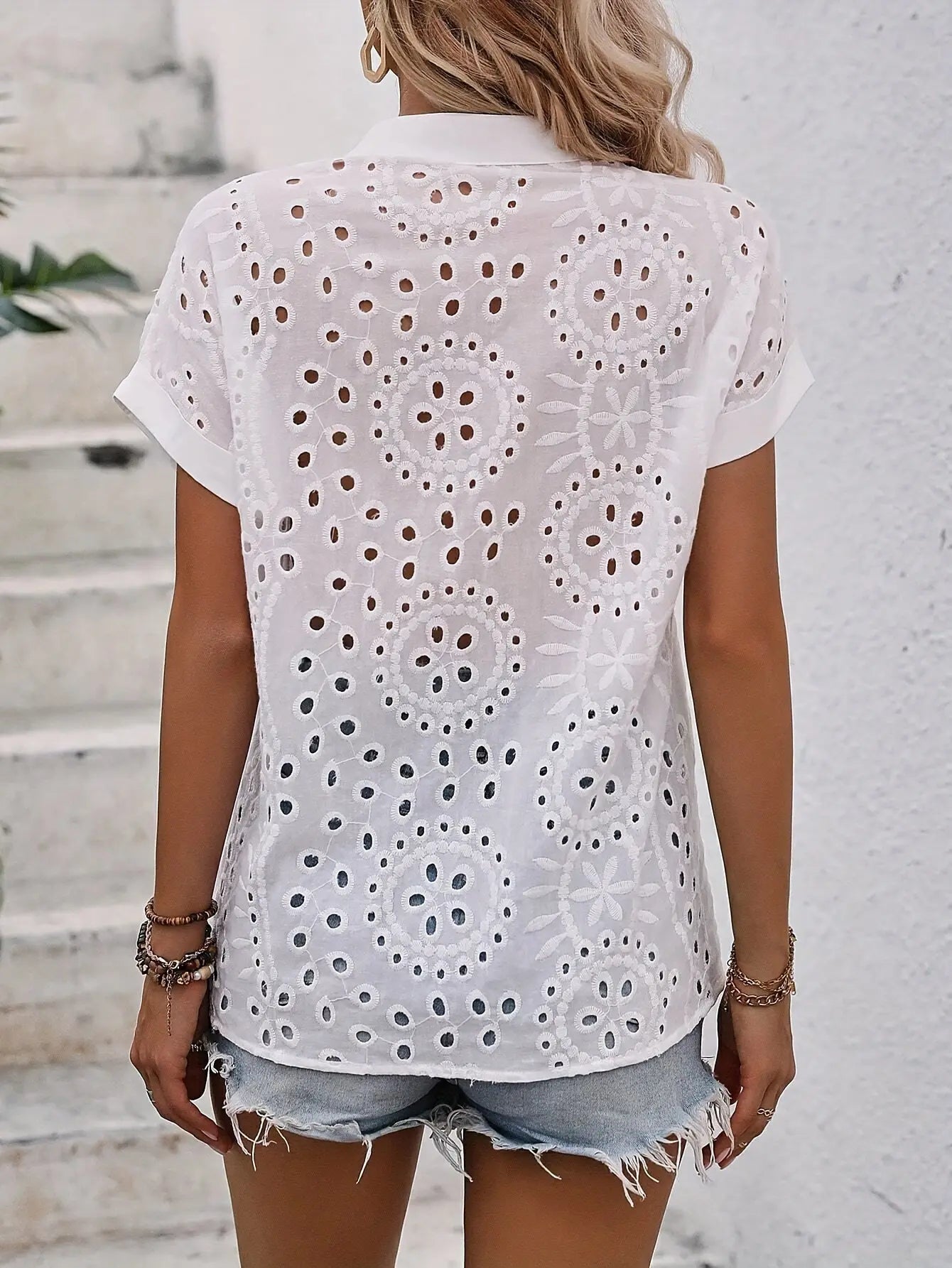 Solid Eyelet Button Front Blouse, Casual Short Sleeve Blouse For Spring & Summer, Women's Clothing MyFave Boutique