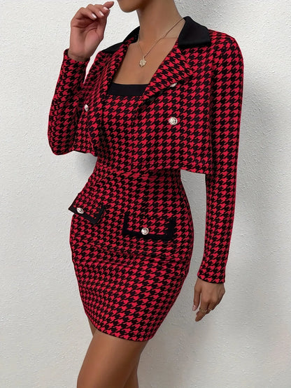 2 Pcs Elegant Houndstooth Print Tank Dress Set, Long Sleeve Button Front Notched Lapel Crop Blazer & Sleeveless Bodycon Wide Strap Mini Dress Outfits, Women's Clothing MyFave Boutique