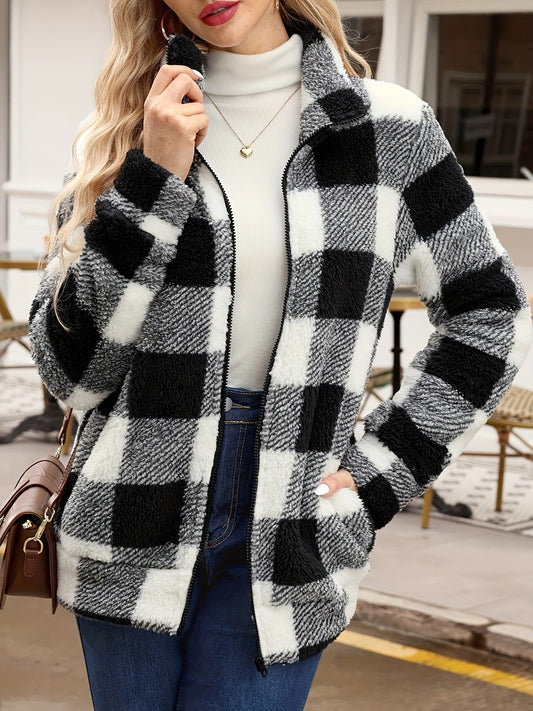 Plaid Fuzzy Zip Front Coat, Casual Long Sleeve Fall & Winter Warm Outerwear, Women's Clothing MyFave Boutique