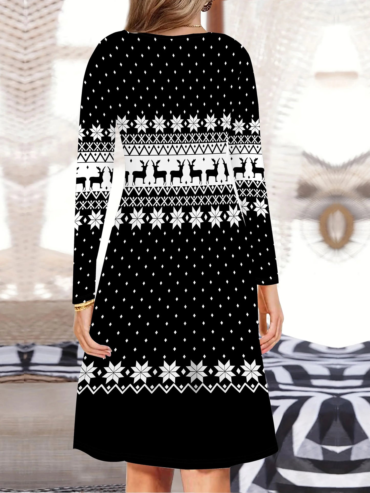 Women's Christmas Elk & Snowflake Print V-Neck Long Sleeve Knit Dress - Cozy Autumn/Winter Casual Sweater Dress MyFave Boutique