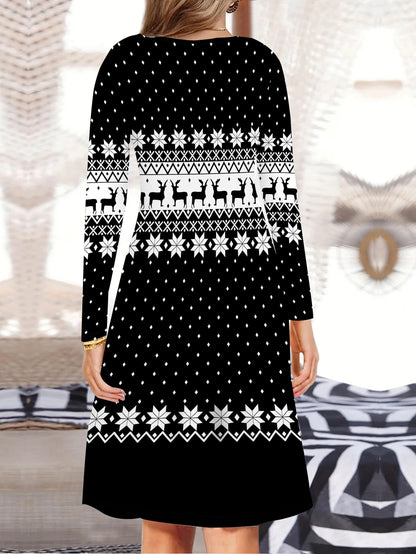 Women's Christmas Elk & Snowflake Print V-Neck Long Sleeve Knit Dress - Cozy Autumn/Winter Casual Sweater Dress MyFave Boutique