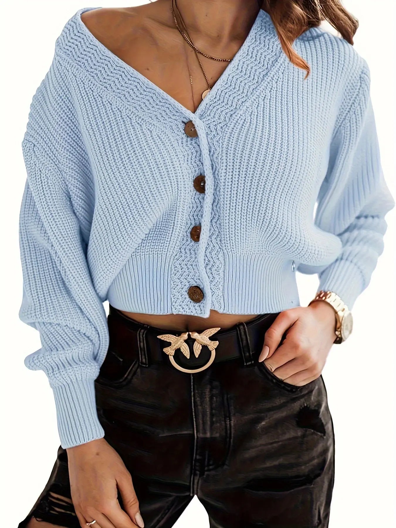 Women's Rib Knit Cropped Cardigan Sweater with Long Sleeves and V-Neck MyFave Boutique