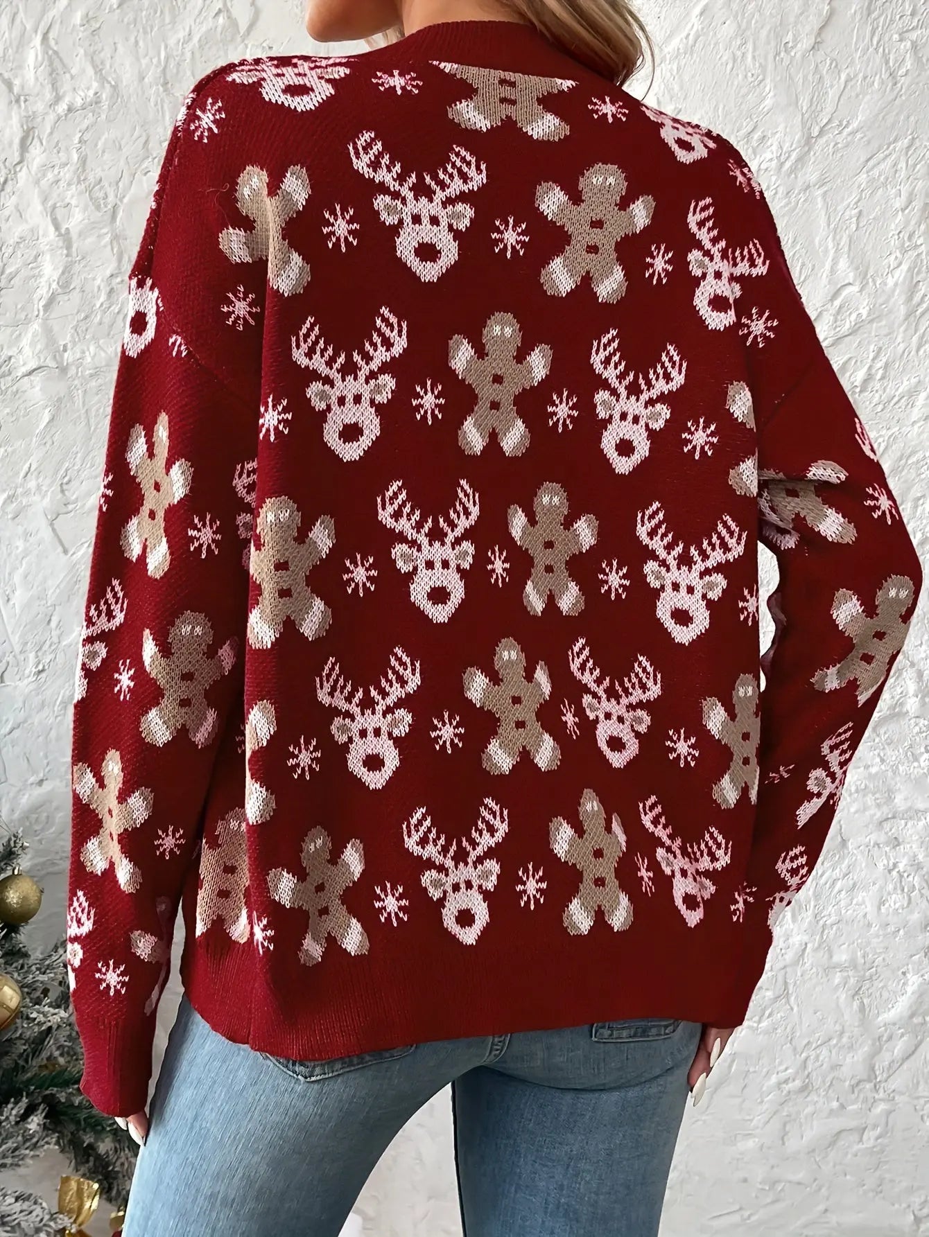 Christmas Pattern Button Down Knit Cardigan, Elegant V Neck Long Sleeve Sweater, Women's Clothing MyFave Boutique