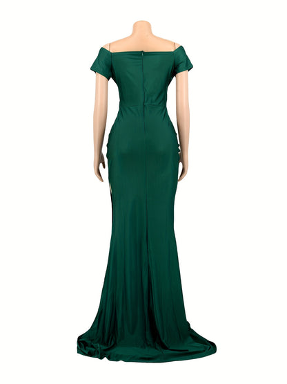 Women Off Shoulder V-Neck Maxi Long Dress Ruched Split Bodycon Mermaid Evening Cocktail Formal Dresses MyFave Boutique