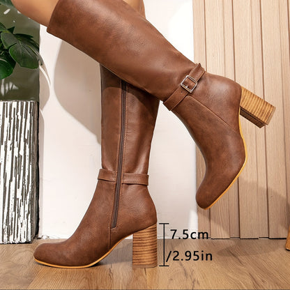 Chic Women's Knee-High Block Heel Boots - Fashionable Brown Wedding Bridal Booties With Side Zipper, Warm Plush Lining For Fall & Winter MyFave Boutique