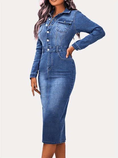 Women's Blue Denim Dress - Slim Fit, Long Sleeves, Single Breasted Button, Split Hem - MyFave Boutique