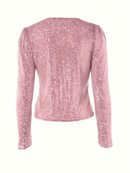 Sequined Open Front Jacket, Elegant Long Sleeve Slim Outwear For Spring & Fall, Women's Clothing MyFave Boutique