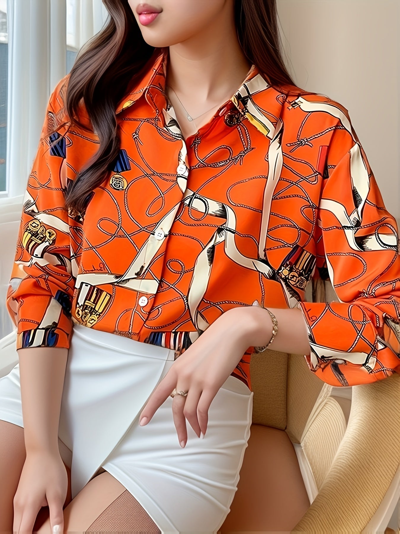 Chain Print Button Down Blouse, Elegant Collared Long Sleeve Blouse For Spring & Fall, Women's Clothing MyFave Boutique