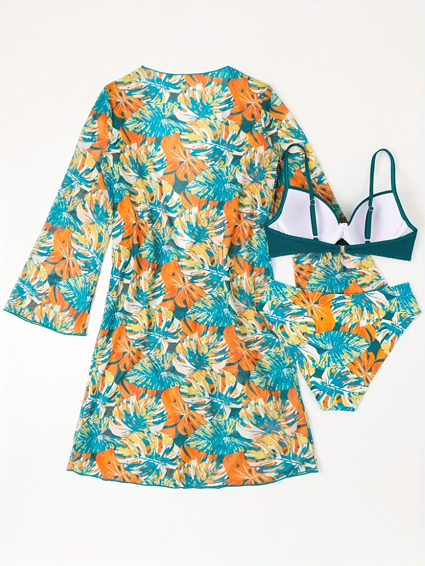 Green Ruched Top & Floral Print Bottoms Bikini With Long Sleeve Cover Up 3 Piece Set Swimsuits, Women's Swimwear & Clothing MyFave Boutique