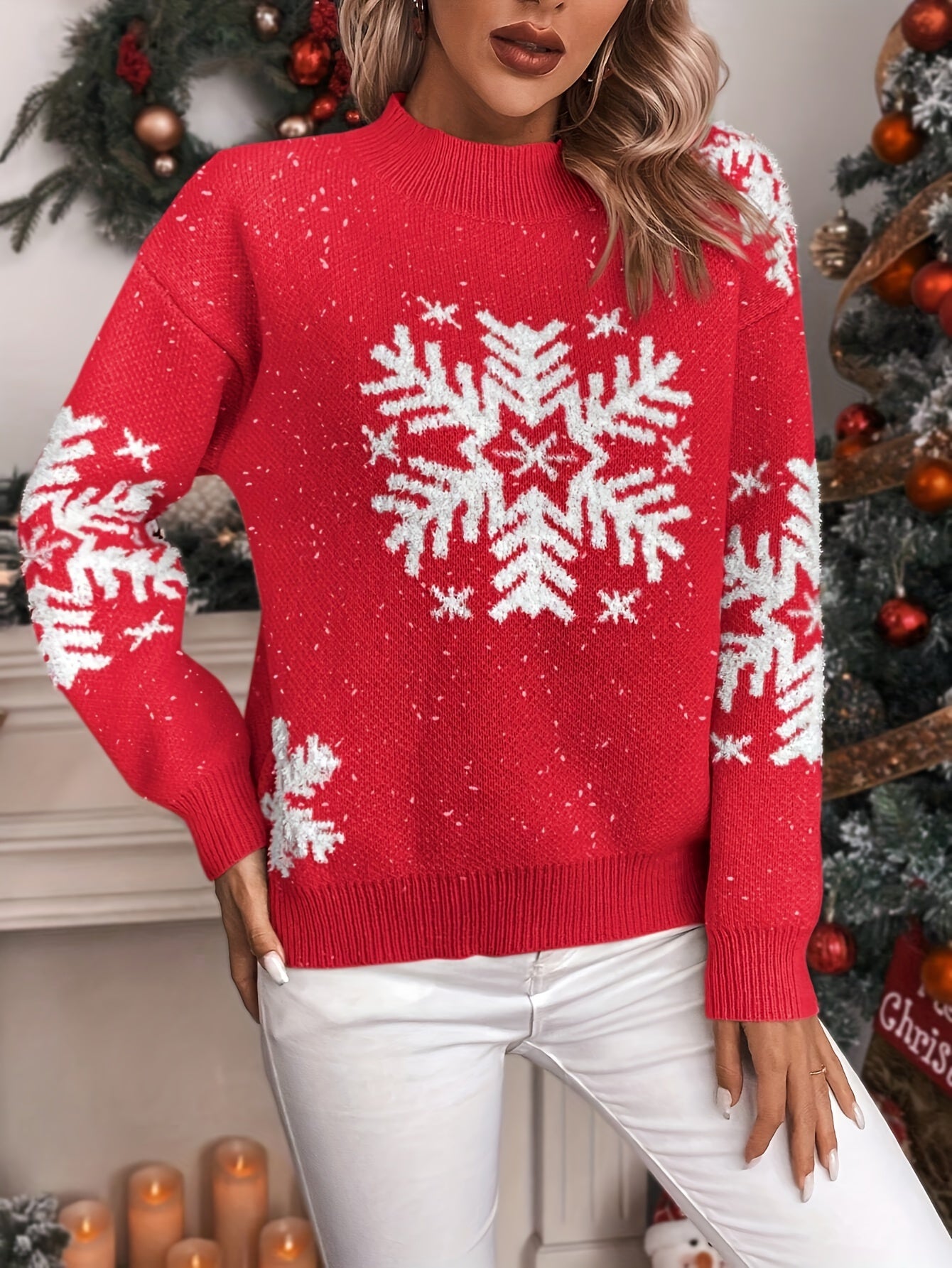 Snowflake Pattern Crew Neck Sweater, Elegant Long Sleeve Sweater For Fall & Winter, Women's Clothing MyFave Boutique