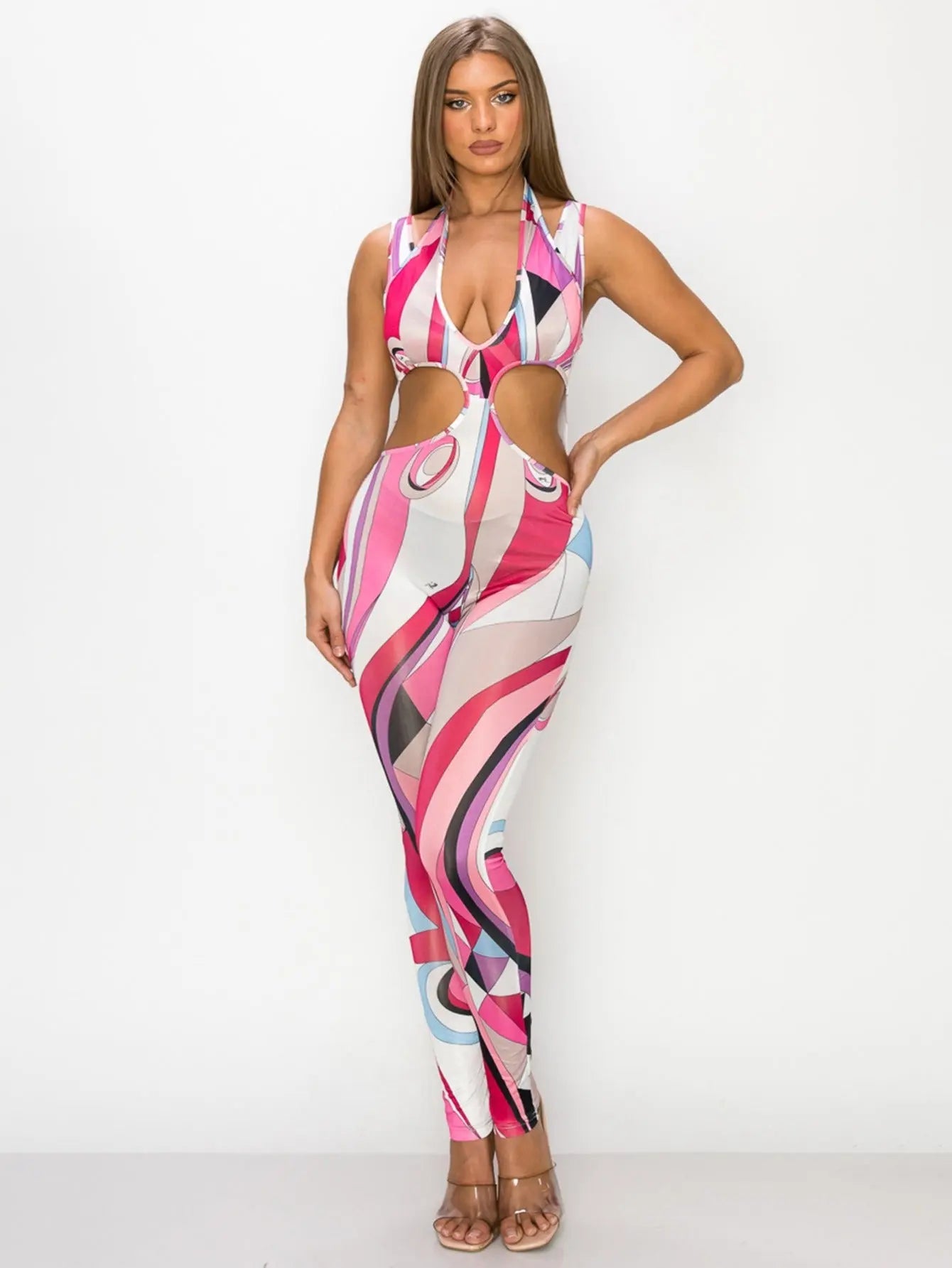 Versatile Ice Silk Printed Jumpsuit - Perfect for Parties, Vacations, and Night Outs - Available in Blue and Pink MyFave Boutique