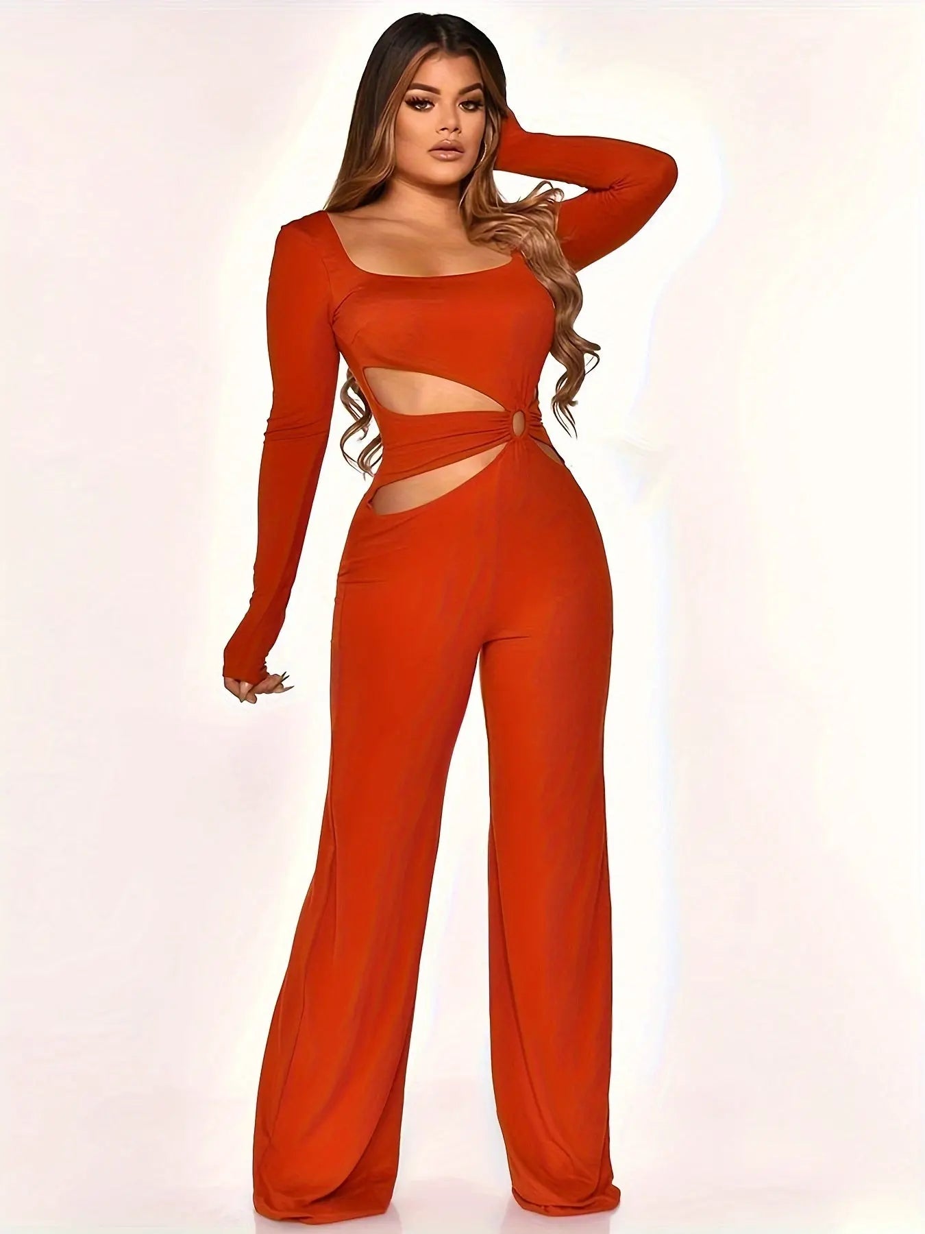 Cut Out Square Neck Wide Leg Jumpsuit, Elegant Long Sleeve Slim Jumpsuit For Party & Club, Women's Clothing MyFave Boutique