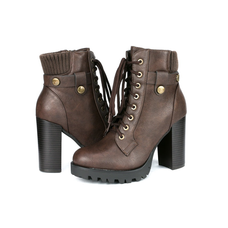 Women's Lace up Combat Ankle Boots, High Chunky Heel Fashion Heeled Booties Shoes MyFave Boutique