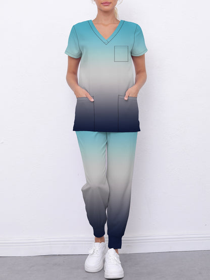 2pcs Gradient Color 2-Piece Modern Scrub Set for Nurses, Doctors, and Healthcare Professionals - Breathable Top & Elastic Waist Bottoms MyFave Boutique