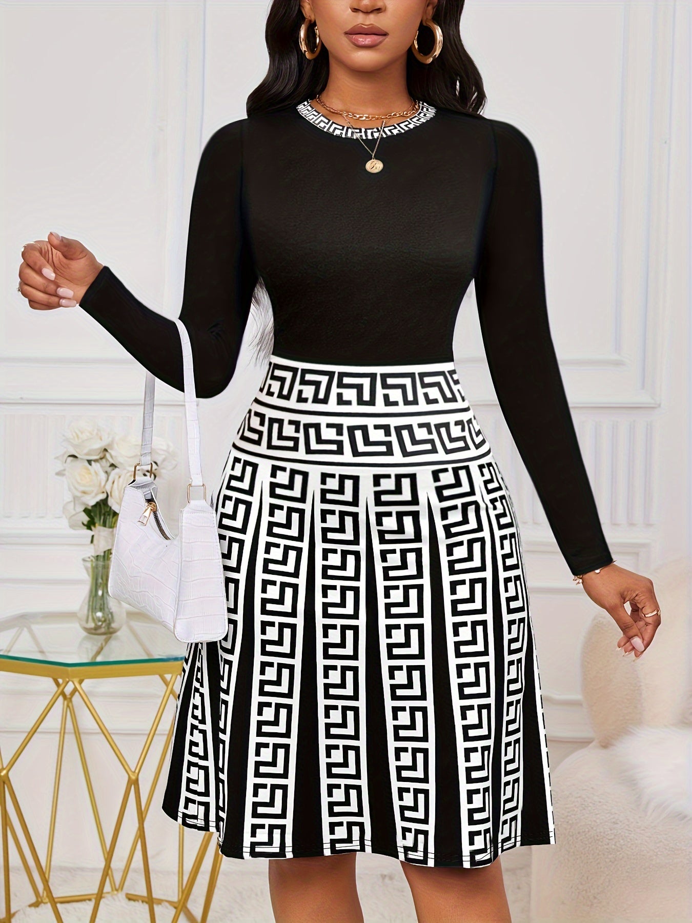 Geo Print Splicing Flared Dress, Elegant Crew Neck Long Sleeve Dress For Spring & Fall, Women's Clothing MyFave Boutique