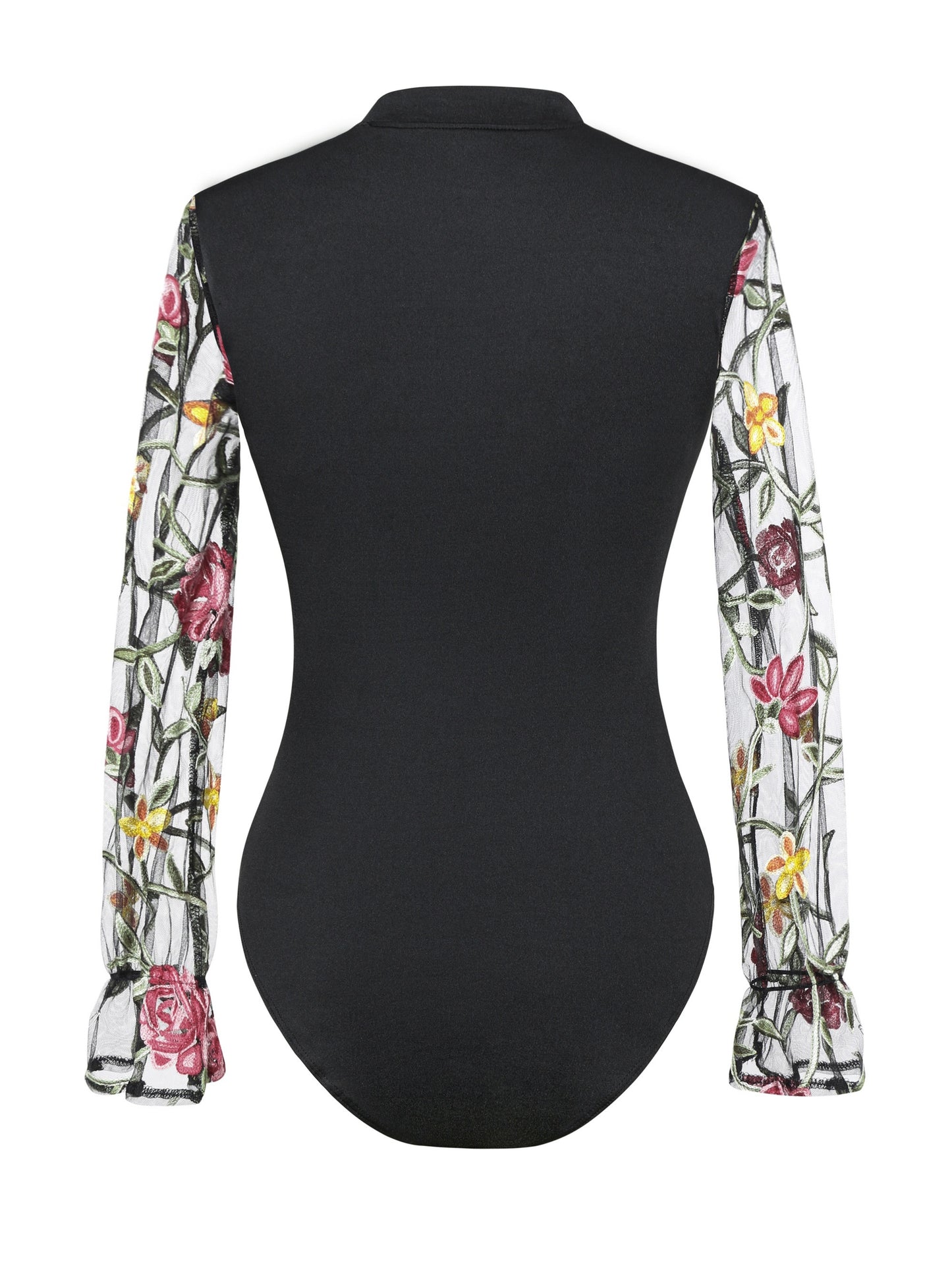 Chic Floral Embroidered Mock Neck Bodysuit - Aesthetic, Sheer Long Sleeve, Snug One-Piece for Women MyFave Boutique