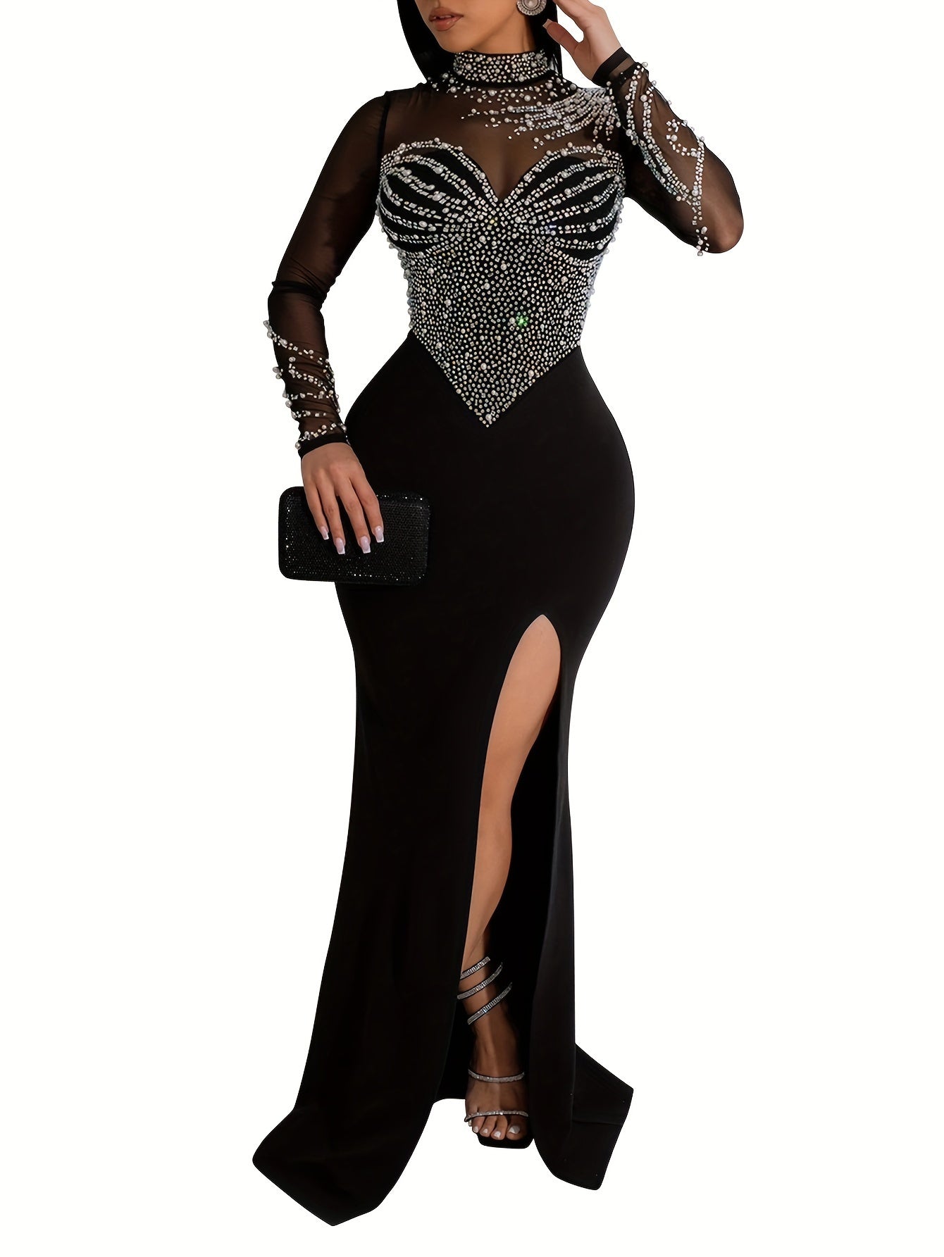 Rhinestone Long Sleeve Mesh Splicing Bodycon Dress for Women, Elegant Party & Banquet Dress MyFave Boutique