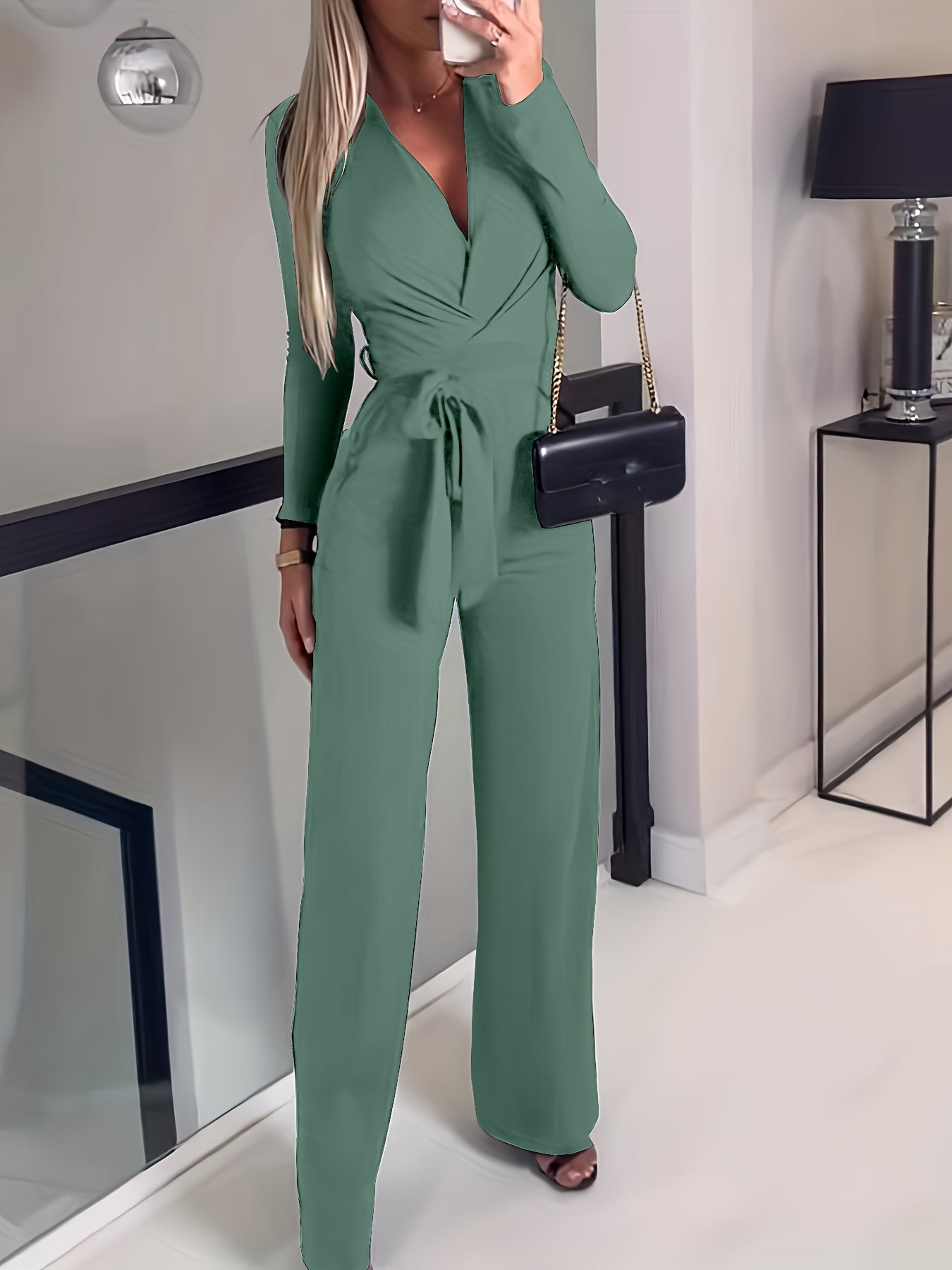 Solid V-neck Belt Wide Leg Jumpsuit, Elegant Slim Long Sleeve Jumpsuit For Spring & Summer, Women's Clothing MyFave Boutique