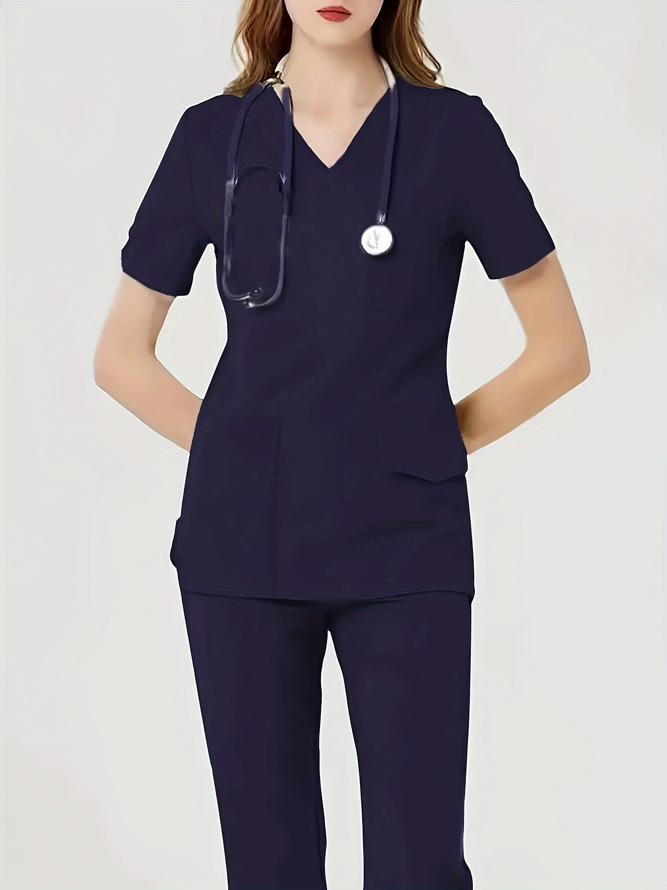 Comfortable & Functional Matching Two-piece Set, Pockets V-neck Top & Solid Pants Health Care Uniform, Women's Clothing MyFave Boutique