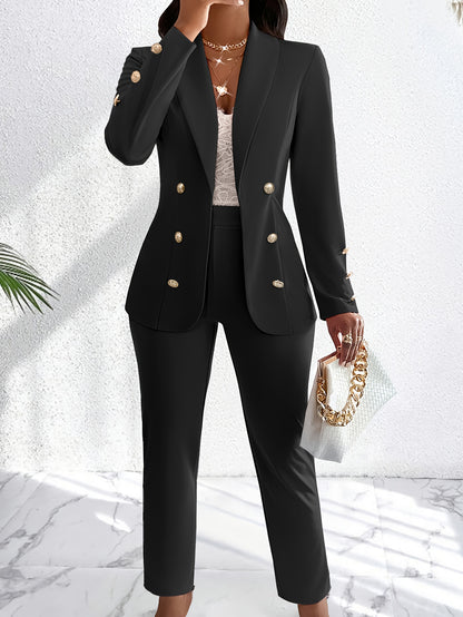 Double Breasted Elegant Set, Long Sleeve Slim Fit Blazer & Straight Leg Pants, Women's Clothing MyFave Boutique