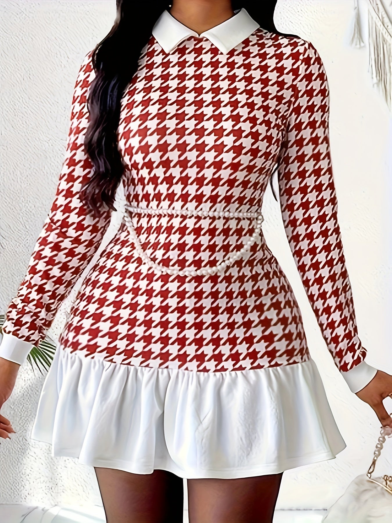 Elegant Houndstooth Print Dress with Contrasting Collar and Ruffled Hem, Polyester Knit Fabric, Long Sleeve, Fit and Flare Style for Spring/Summer/Fall - Adult Women's Polyester Blend (95% Polyester, 5% Elastane) MyFave Boutique