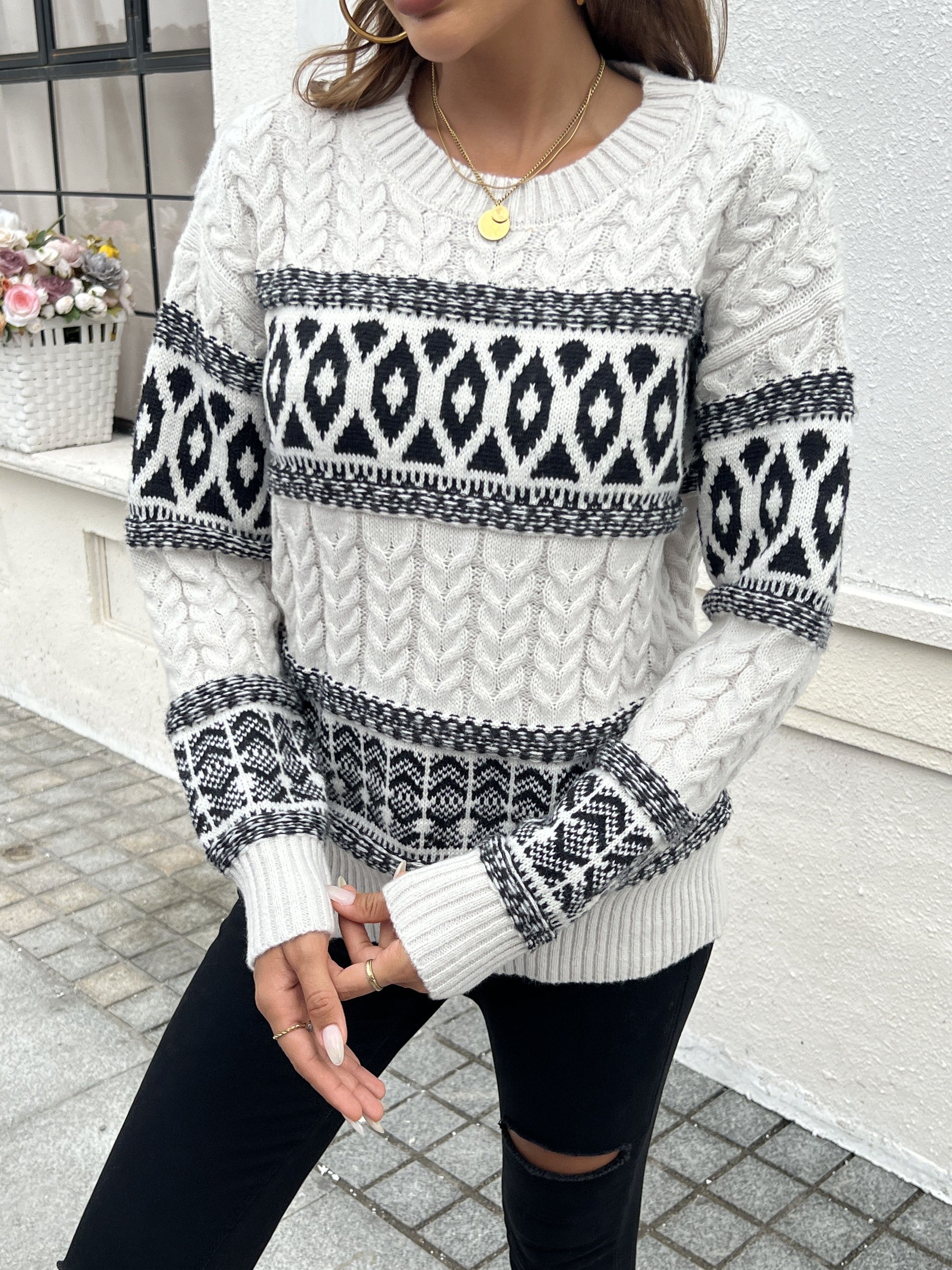 Geo Pattern Cable Knit Sweater, Crew Neck Elegant Long Sleeve Sweater For Fall & Winter, Women's Clothing MyFave Boutique