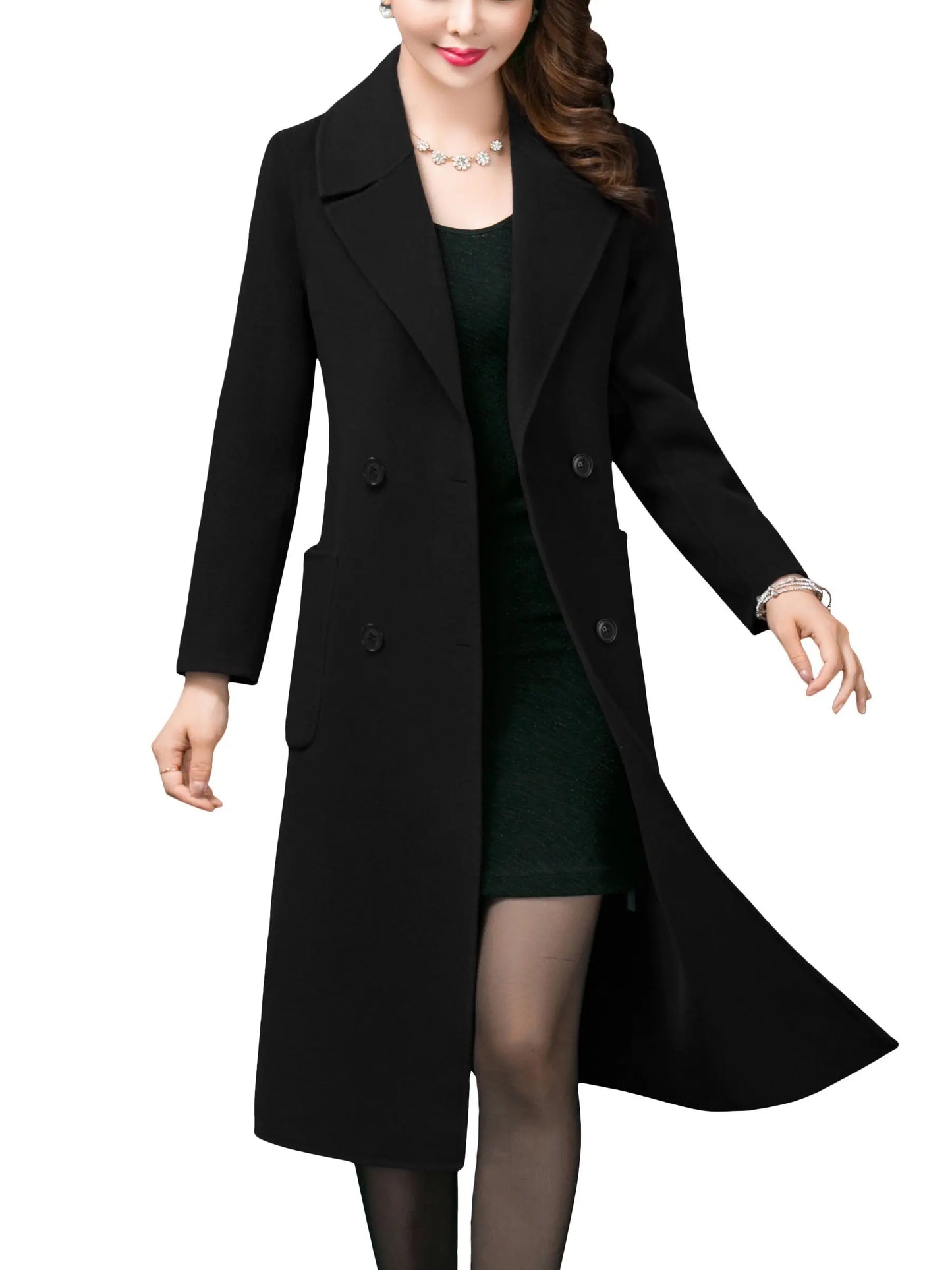 Women's Winter Fashion Mid Long Solid Lapel Trench Coat Wool Blend Warm Casual Pea Jacket MyFave Boutique