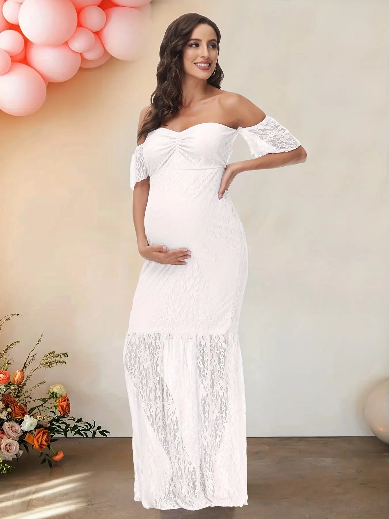 Elegant Off Shoulder Lace Trim Flutter Sleeve Mermaid Dress! Sexy Shirred Chest Bod-ycon Maternity Dress, Perfect For Party Wedding, Coquette Style, Gender Reveal MyFave Boutique