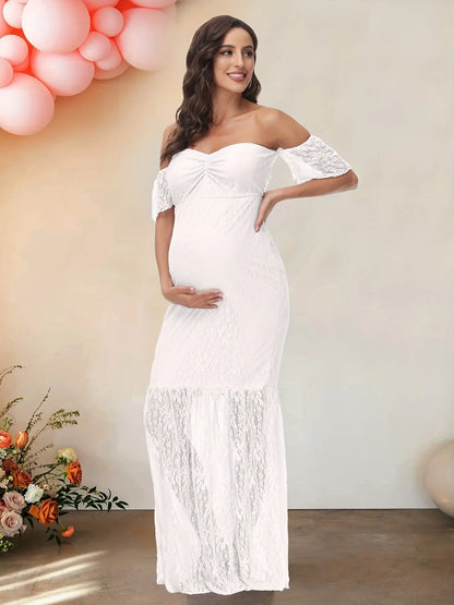 Elegant Off Shoulder Lace Trim Flutter Sleeve Mermaid Dress! Sexy Shirred Chest Bod-ycon Maternity Dress, Perfect For Party Wedding, Coquette Style, Gender Reveal MyFave Boutique