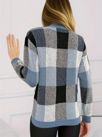 Knit Plaid Print Crew Neck Sweater, Casual Long Sleeve Sweater, Women's Clothing MyFave Boutique