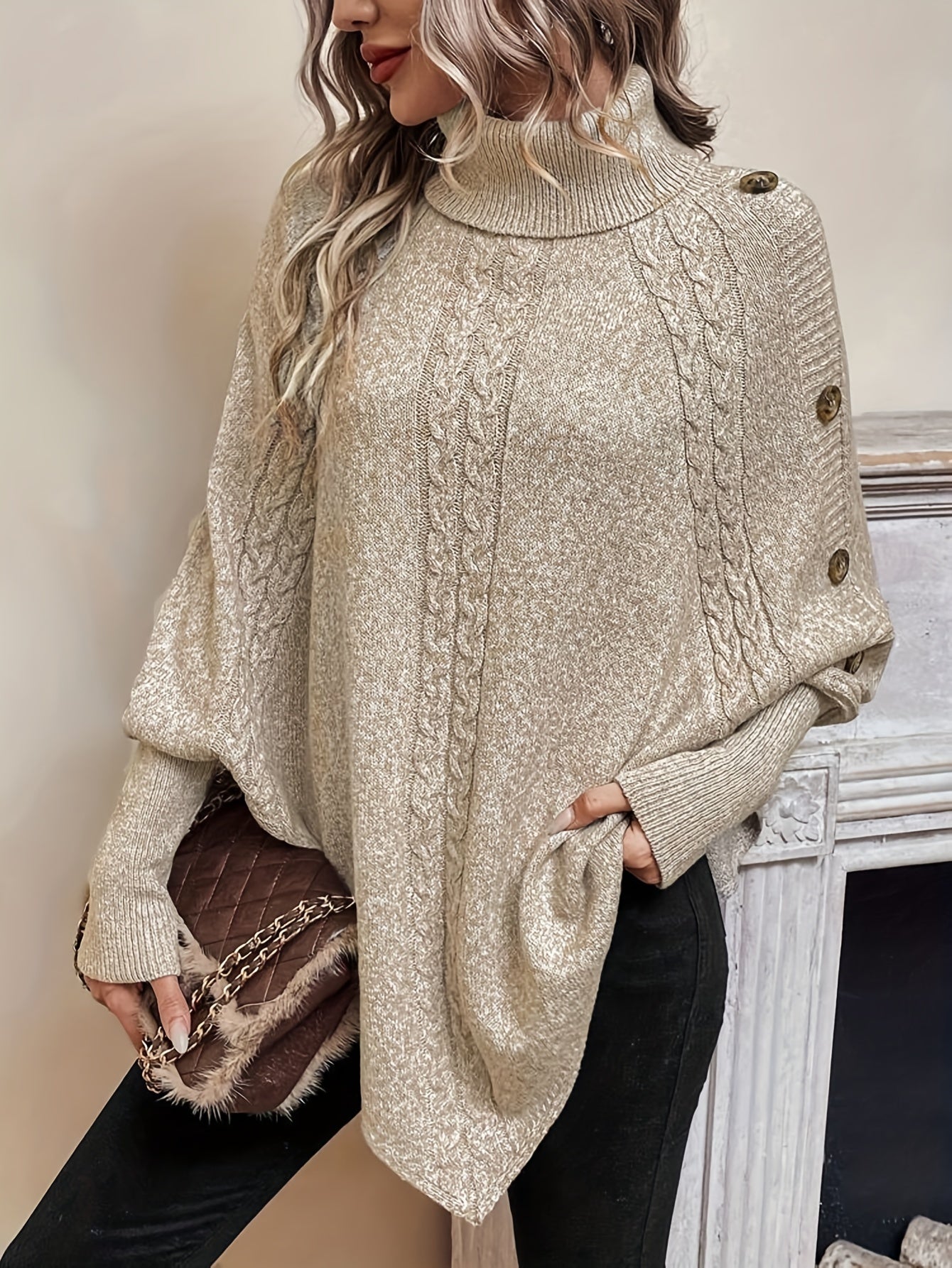 Cable Knit Button Decor Cape Sweater, Elegant Hanky Hem Turtleneck Batwing Sleeve Sweater For Fall & Winter, Women's Clothing MyFave Boutique