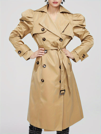 ZIAI Solid Double Breasted Trench Coat, Elegant Lapel Neck Long Sleeve Coat, Women's Clothing MyFave Boutique