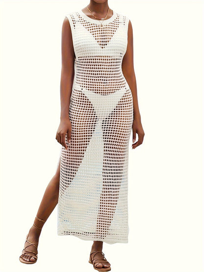 Solid Color Sexy Cover Up Dress, Round Neck Hollow Out Sheer Knitted Beach Dress Without Bikini, Women's Swimwear & Clothing MyFave Boutique