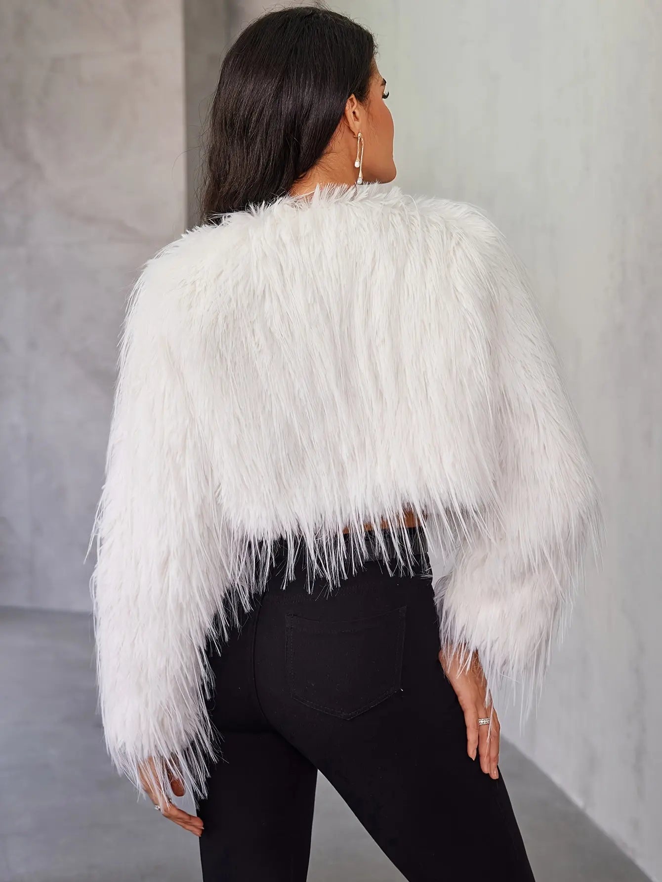 Open Front Faux Fur Coat, Stylish Thermal Long Sleeve Crop Coat For Fall & Winter, Women's Clothing MyFave Boutique