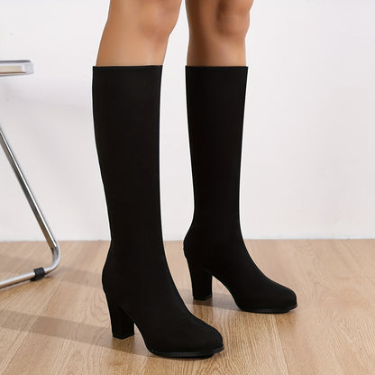 Stylish Women's Knee High Heeled Boots with Back Zipper - Solid Color Block Design for Fashionable Dressing MyFave Boutique