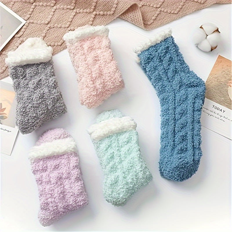 7 Pairs Plush Coral Fleece Sleep Socks - Winter Thick Warm Fluffy Slippers Socks, Color Block Knit Fabric, 95% Polyester 5% Spandex, Hand Washable MyFave Boutique