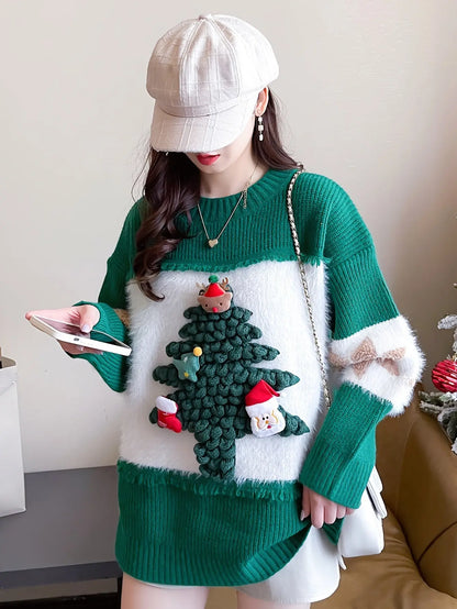 Christmas Tree Decor Crew Neck Sweater, Casual Long Sleeve Sweater For Fall & Winter, Women's Clothing MyFave Boutique