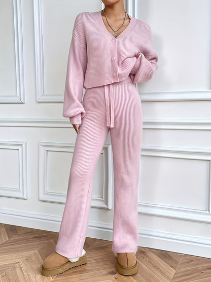 Elegant V-Neck Knit Sweater Set with Pants - Soft Pink, Polyester Blend, V-Neck, Solid Color, Knit Fabric, Women's Fashion MyFave Boutique