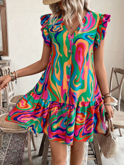 Colorful Print Button Front Dress, Elegant V Neck Flutter Sleeve Ruffle Hem Vacation Dress For Summer & Spring, Women's Clothing MyFave Boutique