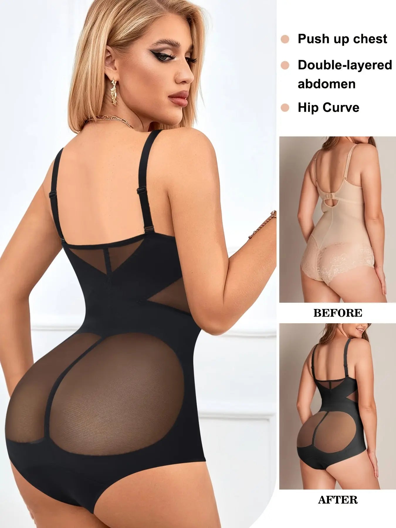 Women's Shapewear Bodysuit: V-Neck, Adjustable Straps, Tummy Control, Waist Trainer, Seamless, Crotch Hooks MyFave Boutique