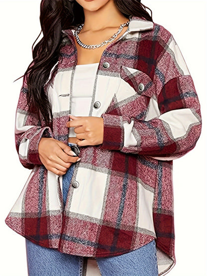 Plaid Print Flap Pockets Jacket, Casual Single Breasted Drop Shoulder Loose Outwear, Women's Clothing MyFave Boutique