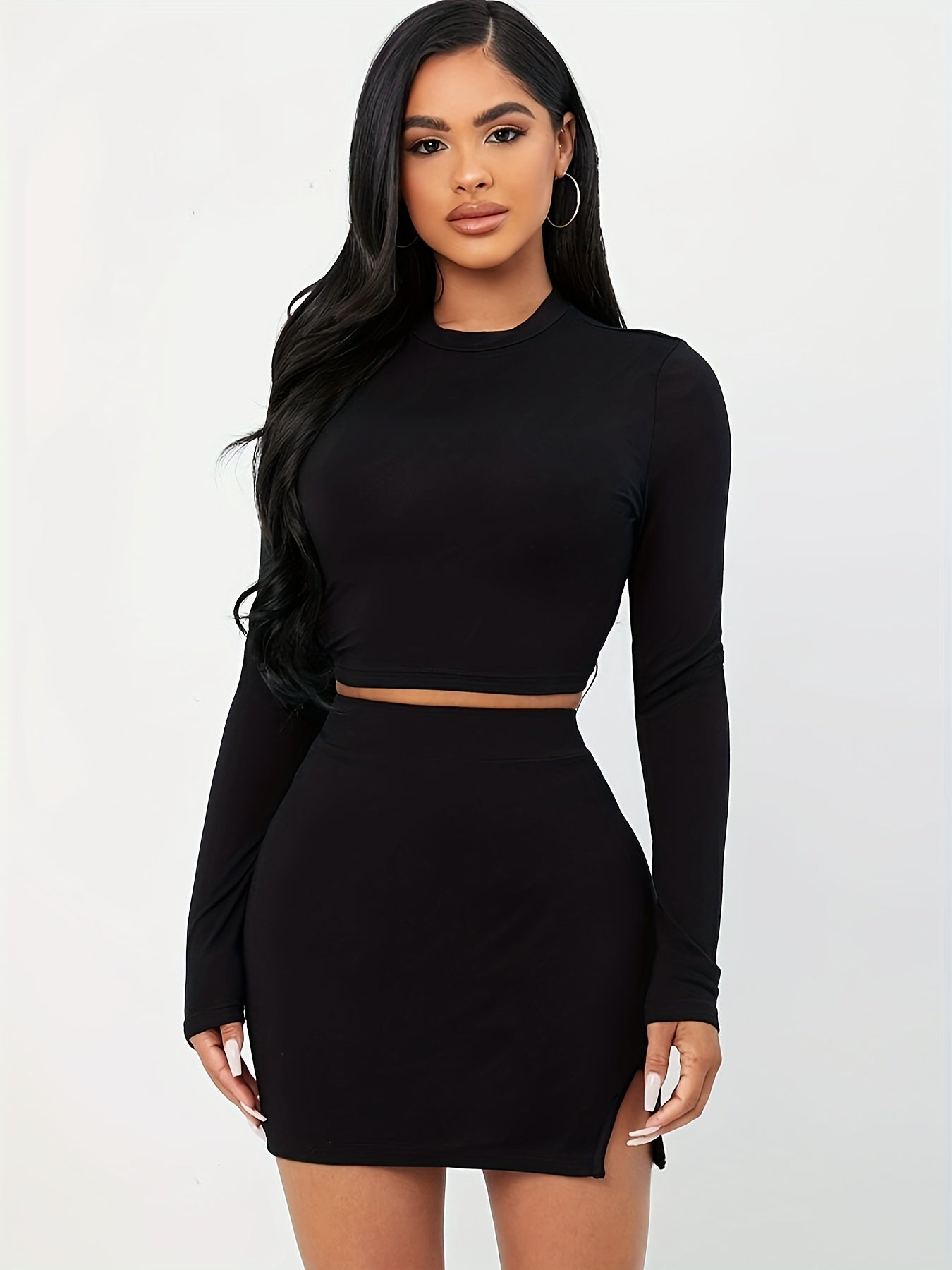 Solid Color Elegant Skirt Set, Long Sleeve Crew Neck Crop T-shirt & High Waist Split Hem Bodycon Skirt Outfits, Women's Clothing MyFave Boutique