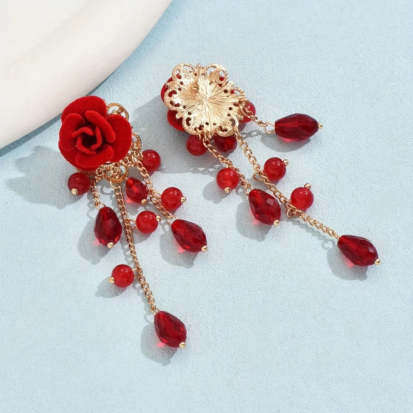 Boho Elegant Red Rose Drop & Dangle Earrings with Crystal Teardrops for Women - Alloy Ear Needle, Non-Plated, Suitable for Daily Wear & Music Festivals - Pair MyFave Boutique