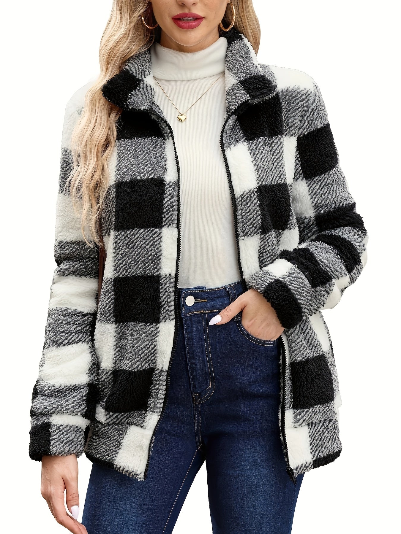 Plaid Fuzzy Zip Front Coat, Casual Long Sleeve Fall & Winter Warm Outerwear, Women's Clothing MyFave Boutique