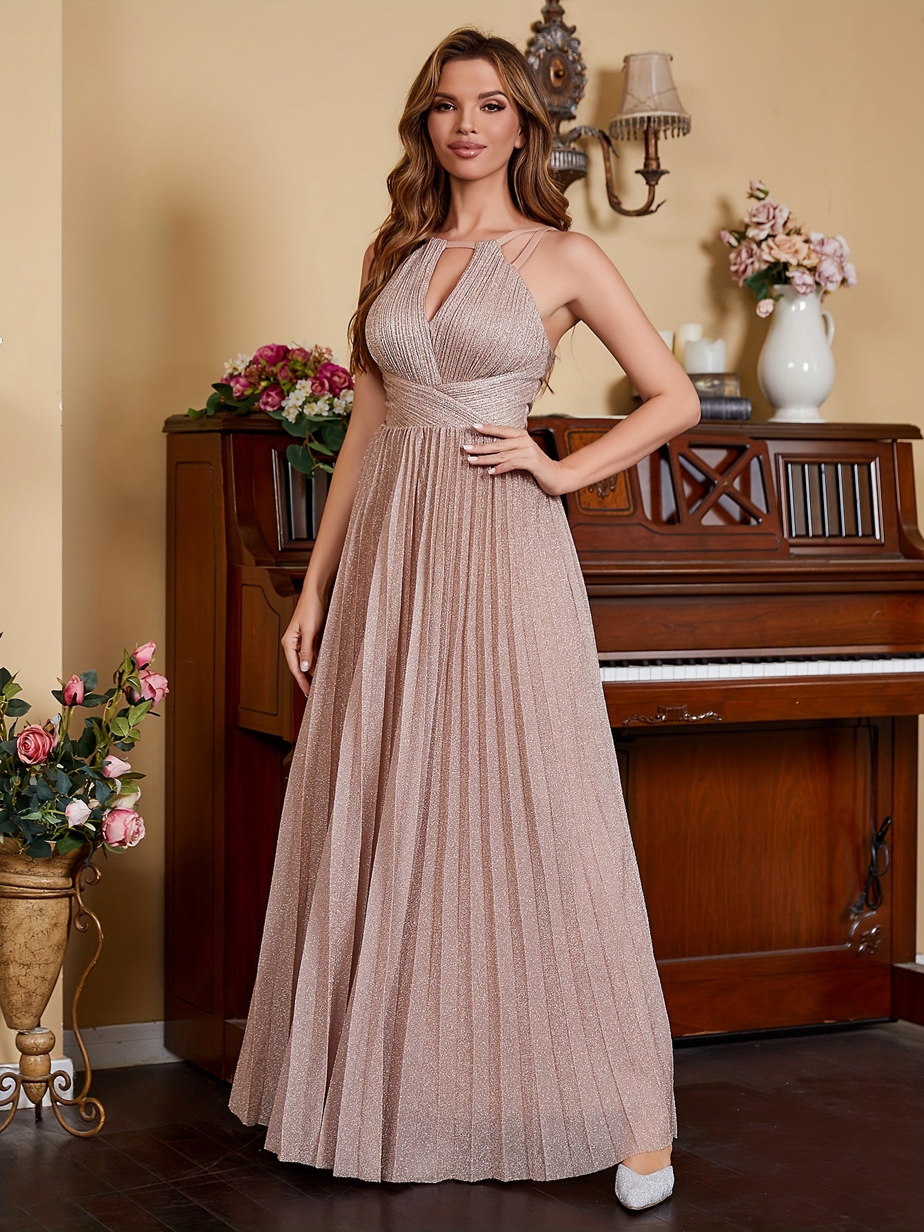 Dusty Rose Sparkly Bridesmaid Dresses Long For Women Wedding Guest Party Gowns Halter Pleated Formal Evening Party Gowns Key Hole Front A-Line Zipper Back Homeocming Dresses Long For Teens Hoco Cocktail Gowns MyFave Boutique