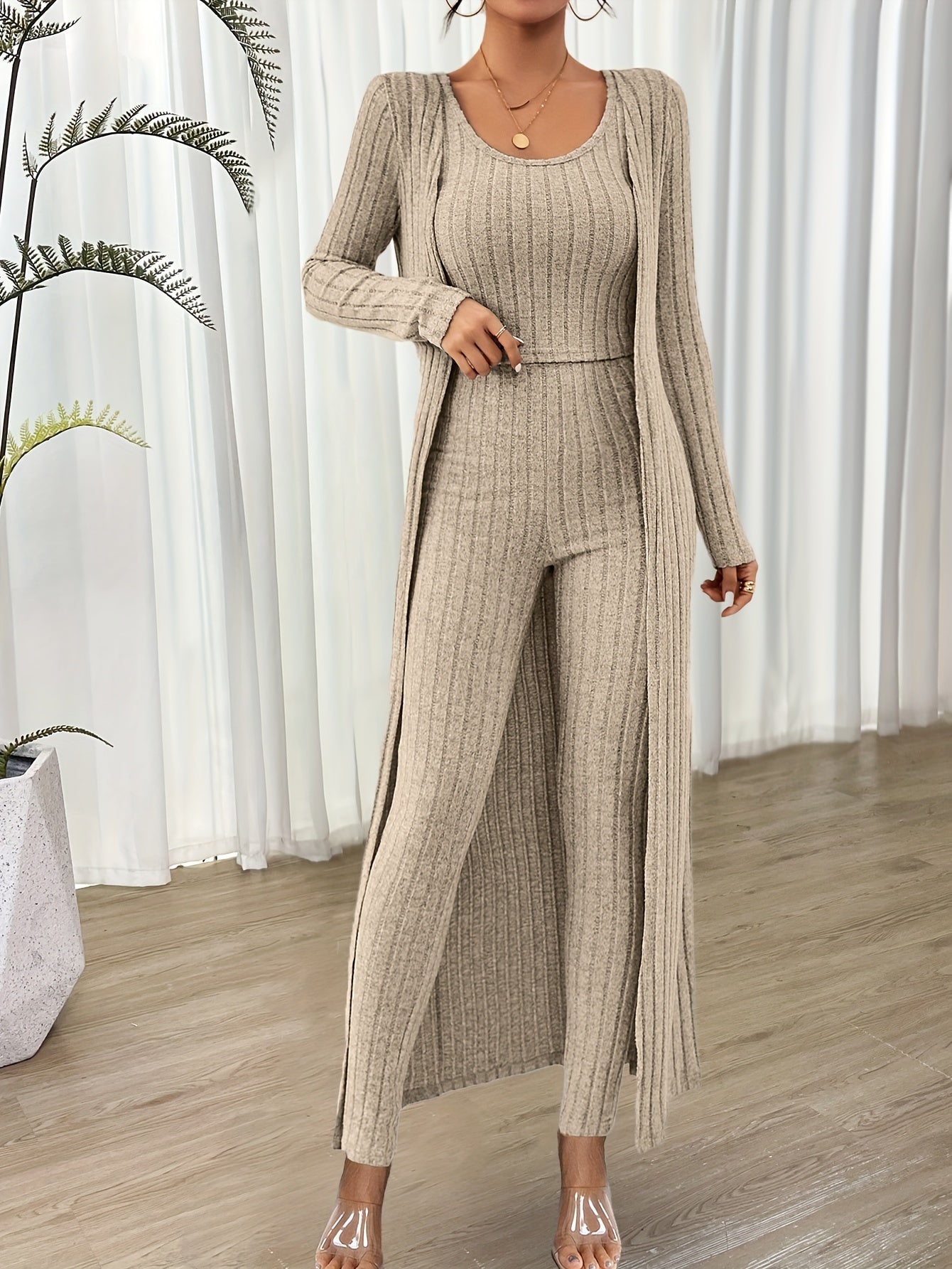 Ribbed Solid Three-piece Set, Crop Tank Top & Long Sleeve Cardigan & High Waist Pants Outfits, Women's Clothing MyFave Boutique