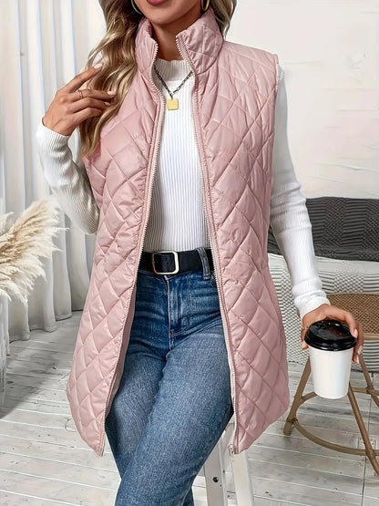 Quilted Zip Up Fluffy Vest Jacket, Casual Sleeveless Warm Gilet Jacket For Fall & Winter, Women's Clothing MyFave Boutique